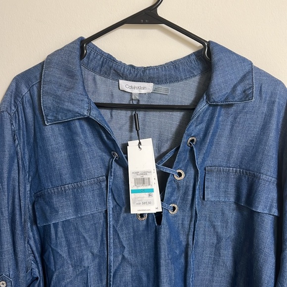 Calvin Klein Roll Sleeve Lace Up Chambray Blouse Size - Picture 2 of 8